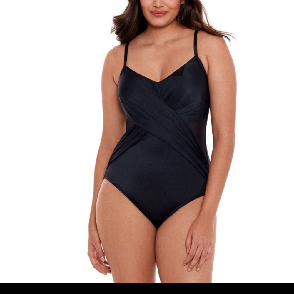 Embrace Your Curves by Miracle Brands Black Wrap Front Mesh One Piece Swimsuit M